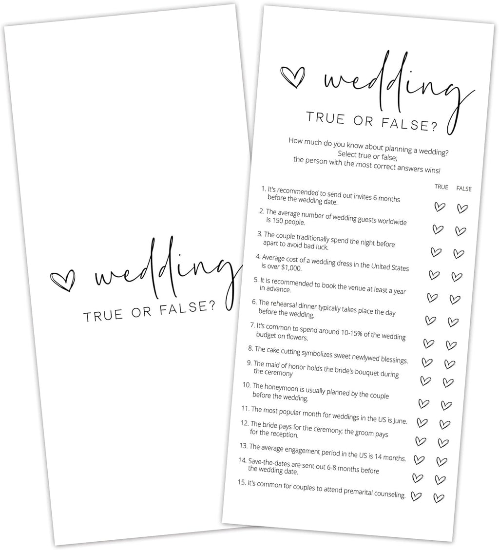 Bridal Shower Games, True or False, 25Pcs 4x9inch Minimalist White Double-Sided Bridal Game Cards with 1 Answer Key, Wedding Shower Games for Guests, Engagement Bachelorette Party Supplies - A07