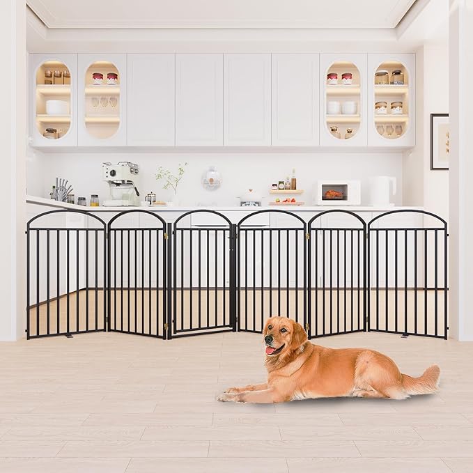 6 Panles Full Matel Freestanding Dog Gates with Door, 144"Extra Wide 36"Tall Free Standing Dog Pet Gate for Indoor & Outdoor. Foldable Pet Fences for Doorways, House, Stairs, Porch, Deck, Yard-PawvioPets