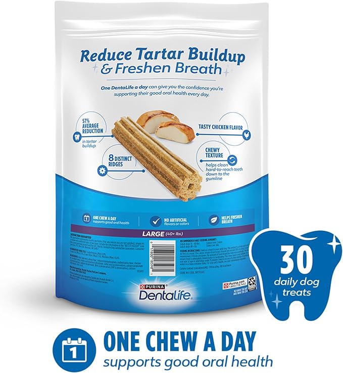 DentaLife Daily Oral Care Dog Treats for Large Dogs 40 plus lbs., Chewy Dental Treat to Freshen Breath and Fight Tartar, Chicken Flavor, 36 oz., 30 Chews - 30 ct. Pouch-PawvioPets