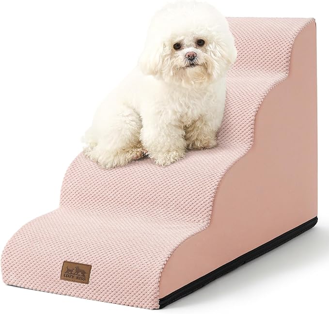 Dog Stairs for Small Dogs 19.7" H, Curved Dog Step for Puppy, Older or Cat, Medium Pet Ramp for Sofa, Couch or Bed, Ladder with High Density Foam, 15.7x28.3x19.7 inch, 4 Step, Pink-PawvioPets