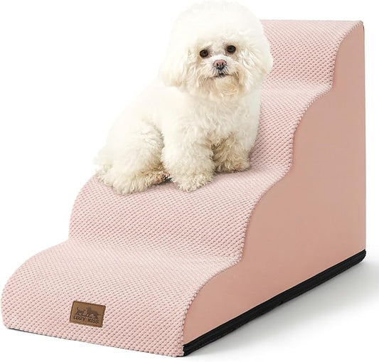 Dog Stairs for Small Dogs 19.7" H, Curved Dog Step for Puppy, Older or Cat, Medium Pet Ramp for Sofa, Couch or Bed, Ladder with High Density Foam, 15.7x28.3x19.7 inch, 4 Step, Pink-PawvioPets