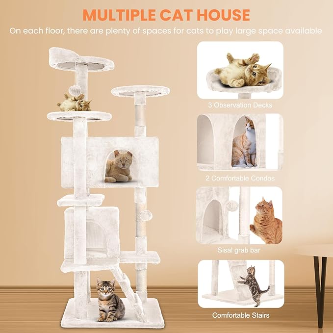 54.7 inches Cat Tower for Indoor Cats, Multi-Level Cat Condos with Scratching Posts, Hanging Toys, Beige-PawvioPets