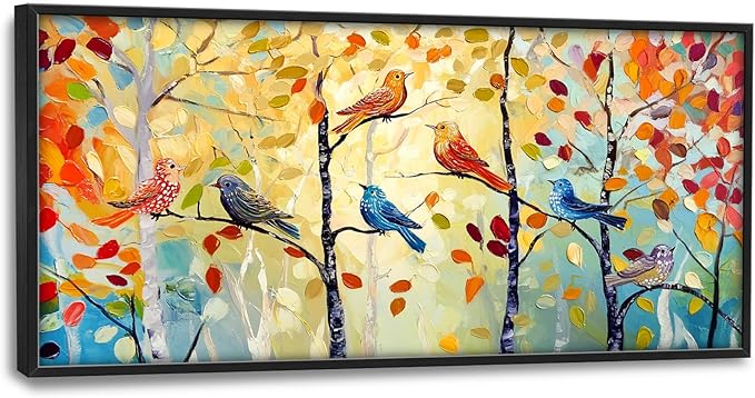 Extra Large Framed Abstract Bird Forest Wall Art,Colorful Birds Birch Tree Wall Decor Pictures for Living Room,Canvas Print Painting Modern Artwork Bedroom Office Bathroom Home Decor 60L x 30W-PawvioPets