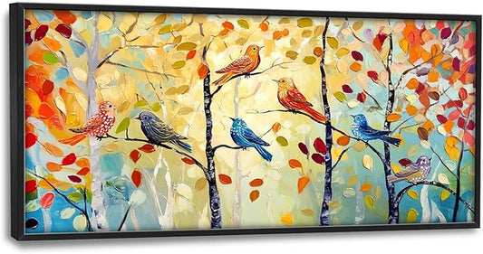 Extra Large Framed Abstract Bird Forest Wall Art,Colorful Birds Birch Tree Wall Decor Pictures for Living Room,Canvas Print Painting Modern Artwork Bedroom Office Bathroom Home Decor 60L x 30W-PawvioPets