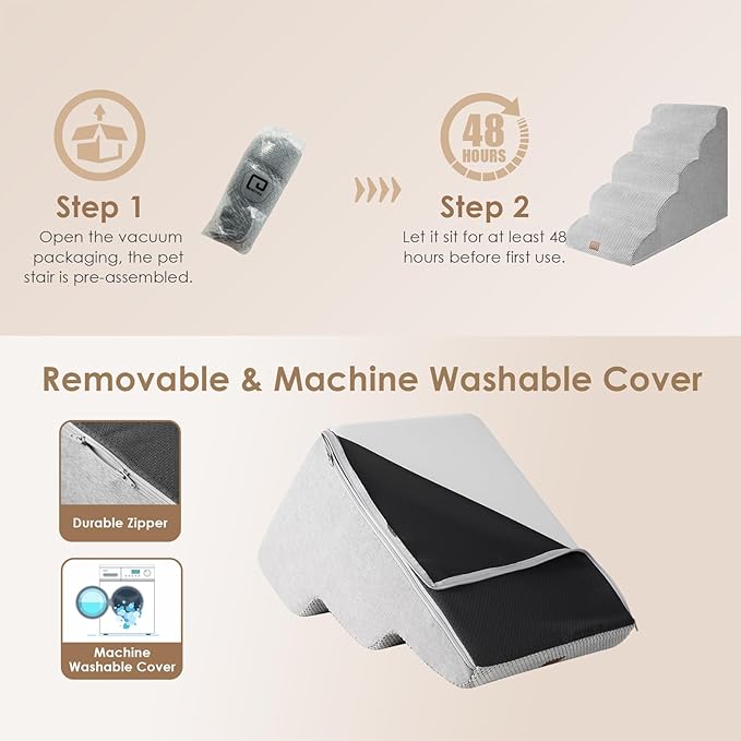 EHEYCIGA Curved Dog Stairs Ramp for High Beds 22.6" H, 5-Step Dog Steps for Small Dogs and Cats, Pet Stairs for High Bed Climbing, Non-Slip Balanced Pet Step Indoor, Light Grey-PawvioPets