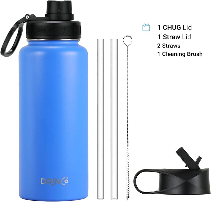 DRINCO Stainless Steel Water Bottle Spout Lid Vacuum Insulated Double Wall Water Bottle Wide Mouth (40oz 32oz 22oz 18oz 14oz) Leak Proof Keep Cold Sport Camping Hiking (32 oz, 32oz Royal Blue)-PawvioPets