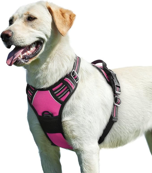 Eagloo Dog Harness for Large Dogs, No Pull Service Vest with Reflective Strips and Control Handle, Adjustable and Comfortable for Easy Walking, No Choke Pet Harness with 2 Metal Rings, Rose Red, L-PawvioPets