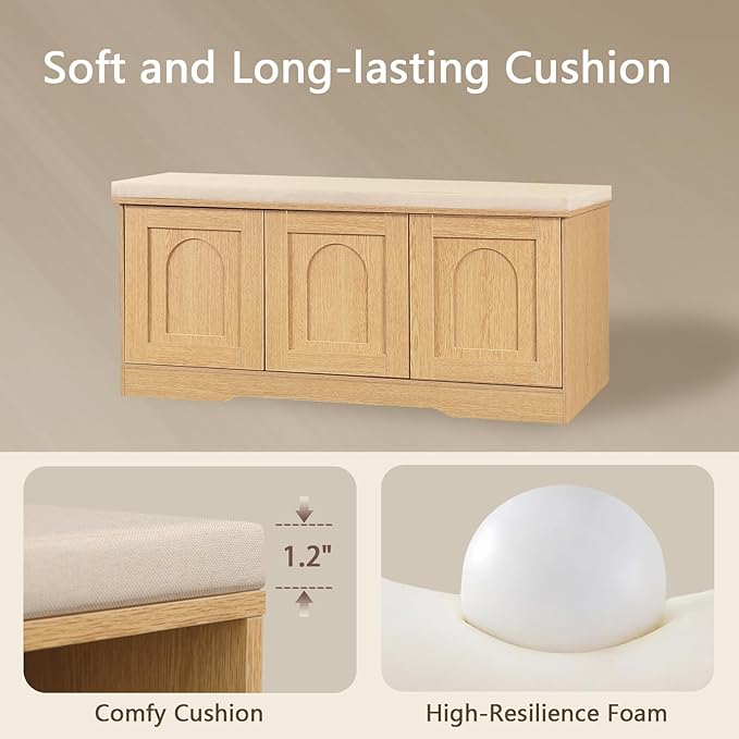 DINZI LVJ Shoe Bench, Entryway Storage Bench with Doors, Cushion, 2-Tier Shoe Rack with 6-Cubby, 39.4”L x 13.8”W Shoe Organizer Cabinet, Adjustable Shelf, Living Room, Bedroom, Natural-PawvioPets