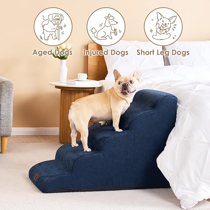 EHEYCIGA Curved Dog Stairs Ramp for High Beds 22.6" H, 5-Step Dog Steps for Small Dogs and Cats, Pet Stairs for High Bed Climbing, Non-Slip Balanced Pet Step Indoor, Navy-PawvioPets