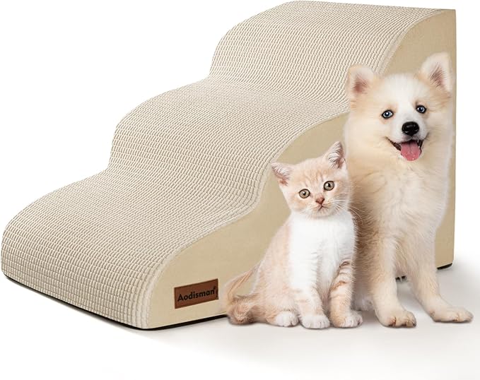 3-Step Dog Ramp and Stairs for Sofa and Chair - Non-Slip Sturdy Pet Steps for Small Dogs and Cats,15.7" H,Beige-PawvioPets