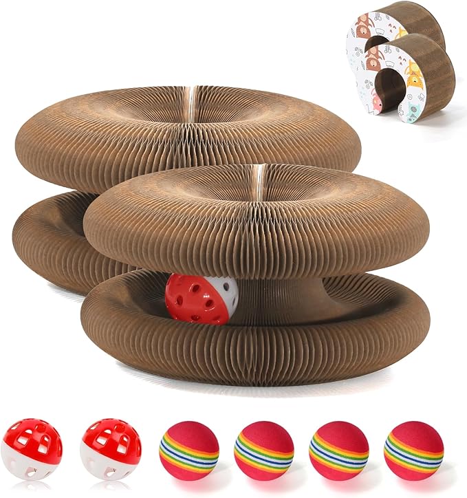 2 PCS Magic Organ Cat Scratcher Board with 6 Balls, Foldable Recyclable Accordion Cats Toy with Ball and Track Adventure, Cat Scratching Pad, Retractable Reversible Furniture Protector(Brown)-PawvioPets