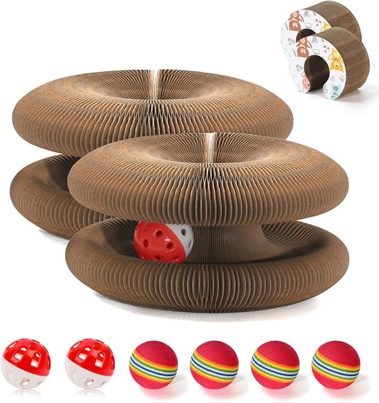 2 PCS Magic Organ Cat Scratcher Board with 6 Balls, Foldable Recyclable Accordion Cats Toy with Ball and Track Adventure, Cat Scratching Pad, Retractable Reversible Furniture Protector(Brown)-PawvioPets