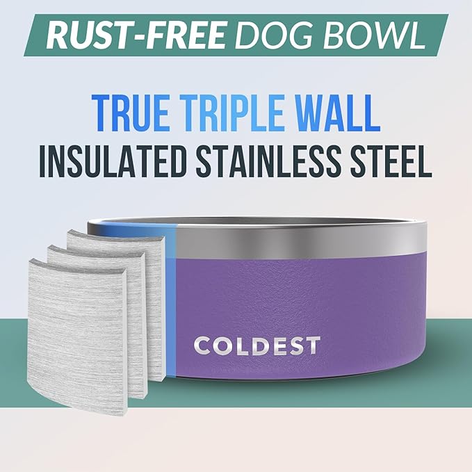 Coldest Dog Bowl - Anti Rust Metal, Non Slip, 3 Layers Insulated Stainless Steel Dog Bowls - Spill Proof & Heavy Duty - Water Bowl for Dogs, Cats & Pets, Dish Washer Safe (100 oz, Galaxy Purple)-PawvioPets