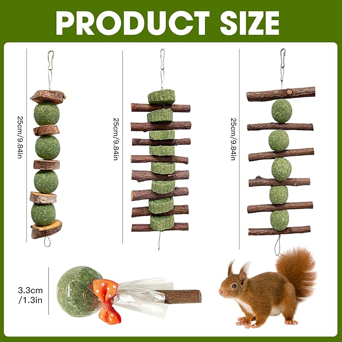 3 Pcs Bunny Chew Toys with 3 Pcs Rabbit Chew Lollipop for Teeth Grinding, Improve Dental Health, Treats for Rabbits Guinea Pigs Chinchillas Bunnies Hamsters-PawvioPets