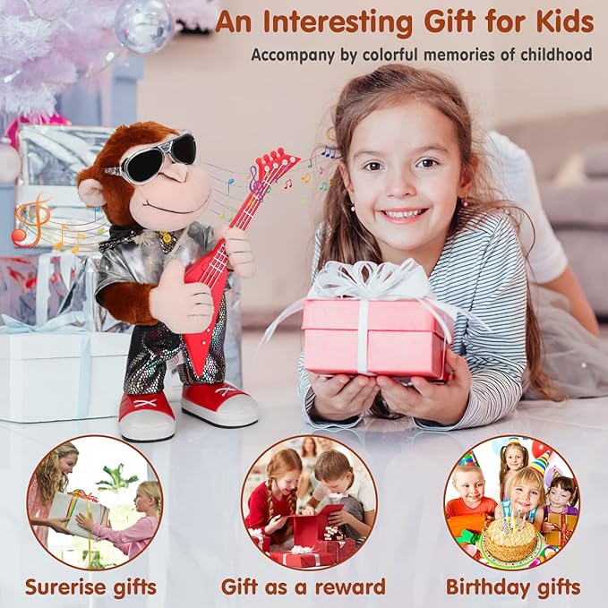 Dancing Monkey Plush Toy, Stuffed Toys, Dancing Singing, Body Shaking, and Guitar Shaking, Punk Molding, One Button Control, Children's Education Toys, Musical Intelligence Development-PawvioPets