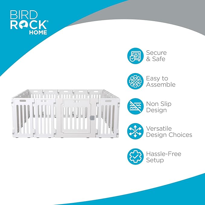 BIRDROCK HOME Dog Playpen w/Door, 16 Panel, 25.6in H | Strong Plastic, Non-Slip Puppy Playpen, Secure Pet Gate | Indoor Outdoor Fence | Configurable Panels | Medium to Large Pets - White-PawvioPets