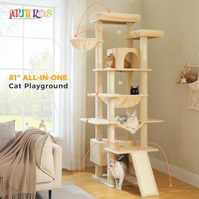 81" Heavy Duty Cat Tree for Large Cats up to 20lbs - Extra Tall Cat Tower with Metal Frame Hammock, 6 Sisal Scratching Posts, 2 Perches - Indoor Cat Furniture for Maine Coon, Big Cats, Beige-PawvioPets