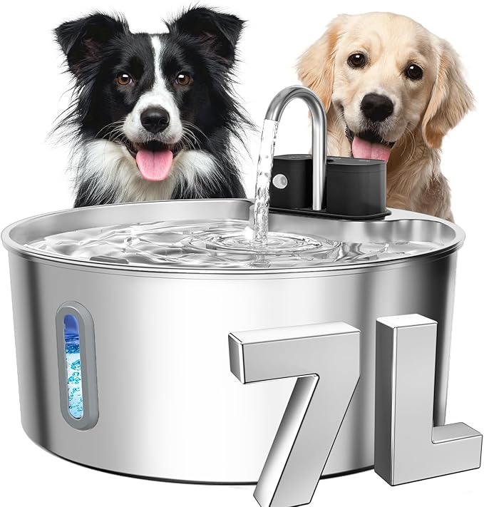 Dog Water Fountain Stainless Steel: 7L/236oz Cordless Large Dog Water Bowl Dispenser Automatic Cat Pet Water Fountain Indoor with Deeper Drinking Area, Multi-Pet Water Fountain with Ultra-Quiet Pump-PawvioPets