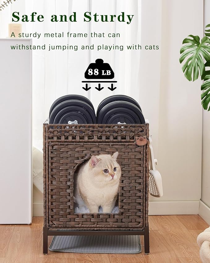 Cat Litter Box Enclosure Hidden Litter Box Furniture with Metal Heightened Feet, Rattan Handwoven Cat House with Litter Mat, Hidden Litter Box Furniture for Bedroom Living Room Brown-PawvioPets