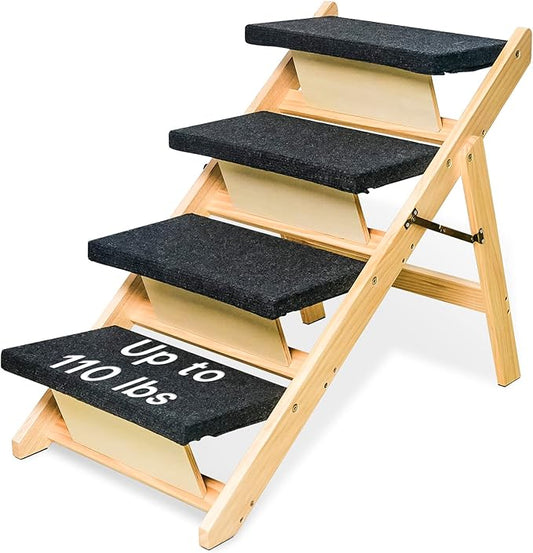 BRIKY 2-in-1 Dog Stairs/Ramp with 4 Steps, Foldable Dog Stairs for High Beds Cars Couch, Durable Wooden Pet Stairs for Small Medium Large Dogs, No Assembly Required-PawvioPets