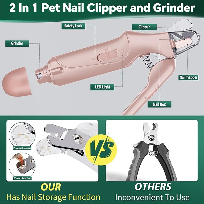 Dog Nail Clippers & Cat Nail Clipper with Catcher, 2 in 1 Dog Nail Trimmers & Grinder with Light for Large Small Dogs Cats,Silent Groom Pro Claw Trimmer, Rechargeable Dogs Nails Grinder Quiet-PawvioPets