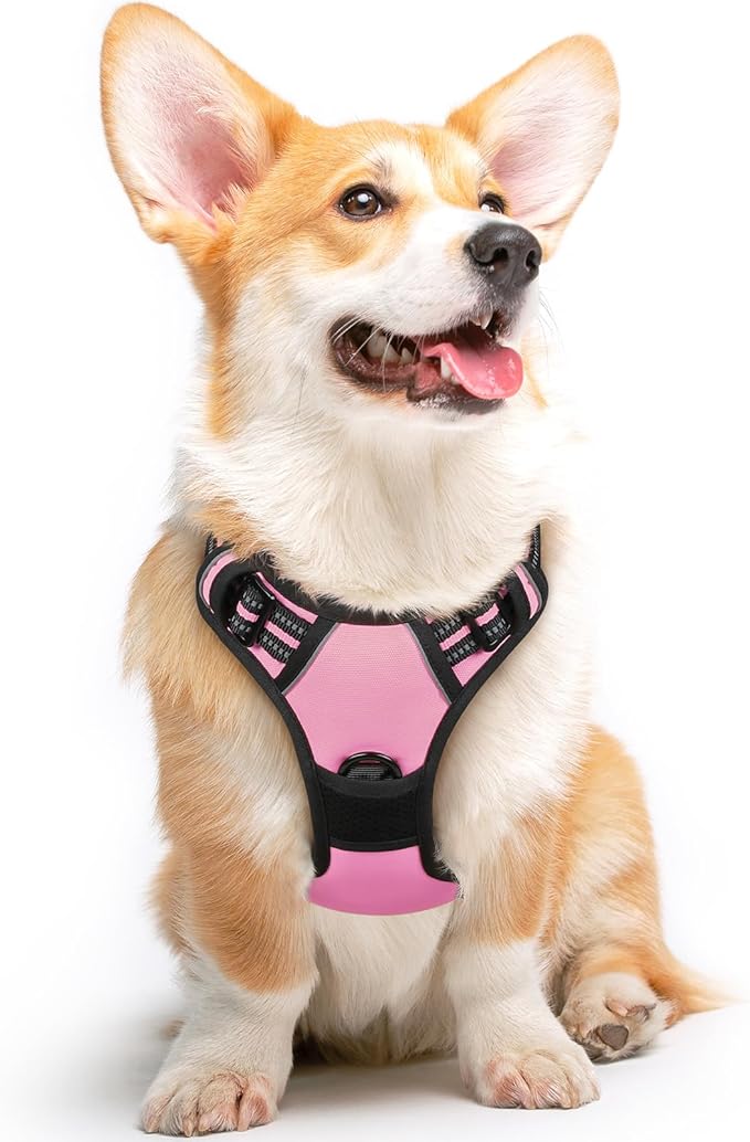 Eagloo Dog Harness Medium Sized Dog, No Pull Service Vest with Reflective Strips and Control Handle, Adjustable and Comfortable for Walking, No Choke Pet Harness with 2 Metal Rings, Pink, M-PawvioPets