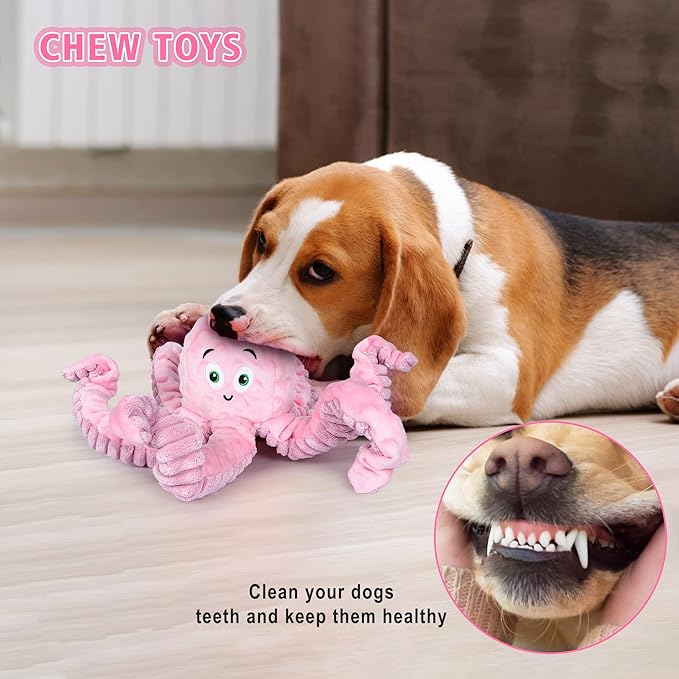 Dog Squeaky Toys Octopus - Tough Plush Large Medium & Small Dog Toys - Stuffed Animals Puppy Toys (Octopus Pink)-PawvioPets