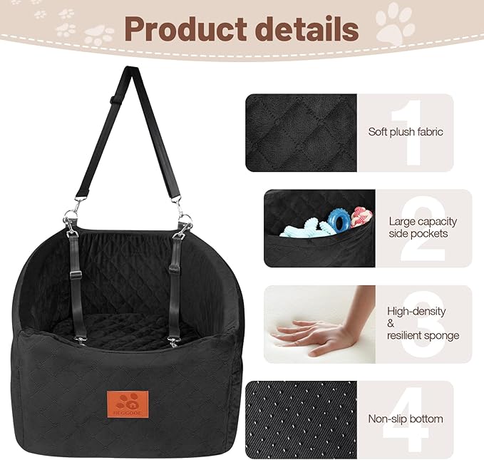 Dog Car Seat for Small Medium Dogs, Memory Foam Booster Car Seat for Dogs up to 35 lbs, Elevated Pet Car Seat, Travel Safety Bed with Washable Removable Cover and Storage Pockets(Black)-PawvioPets