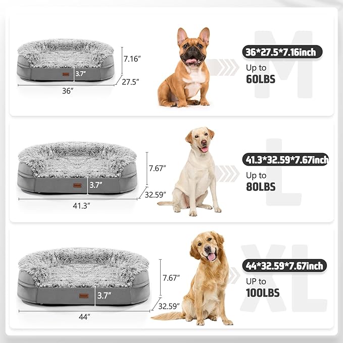 3.7 inch Thickened Orthopedic Dog Beds for Large Dogs, Supportive Dog Sofa Bed with 28D Egg-Crate Foam, Removable Washable Plush Cover, Waterproof Lining, Half-Round Design for Puppy, Senior Dog-PawvioPets