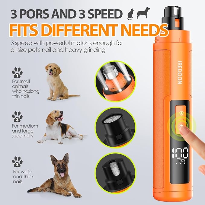 Dog Nail Grinder Upgraded - Professional 3-Speed Super Quiet and Low Vibration Electric Pet Nail Grinder with 4 LED Lights - Painless Paws Grooming & Smoothing for Small to Large Dogs (Orange)-PawvioPets