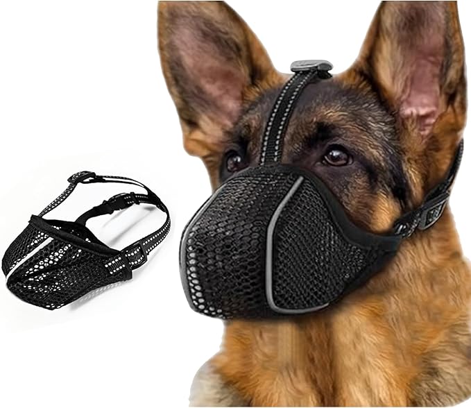 Dog Muzzle, Mesh Soft Muzzle for Small Medium Large Sized Dogs, Breathable Adjustable Puppy Muzzles for Scavenging Biting Licking and Chewing, Allows Panting and Drinking (Reflective Mesh, S)-PawvioPets