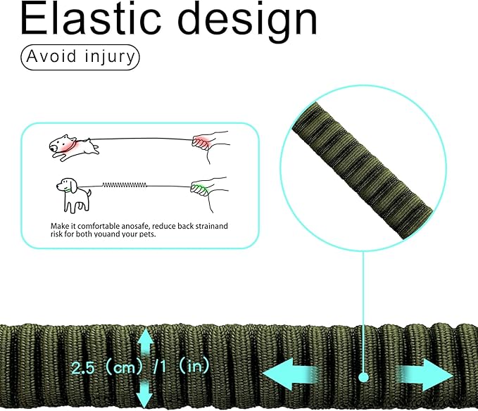 20” Strong Short Leash for Dog, Heavy Duty Bungee Dogs Leash with Padded Handle Car Seatbelt, Dog Training Leashs for Large or Medium Dogs - Can be Used with Other leashes (Army Green)-PawvioPets