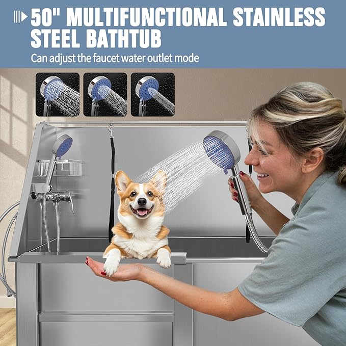 50" Dog Bathing Station, Professional Dog Washing Station Stainless Steel Dog Grooming Tub for Home,Equipped with Three Anti-Slip Steps, Removable Door, Pet Wash Station for Pet (50" Left ramp)-PawvioPets