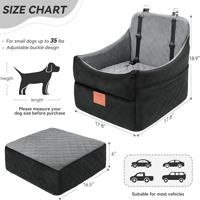 Dog Car Seat for Small/Medium Dogs, Dog Booster Car Seats with Thick Cushion for Dogs Under 35lbs, Detachable Washable Pet Car Seat with Storage Pockets, 2 Safety Belts(Black/Grey)-PawvioPets
