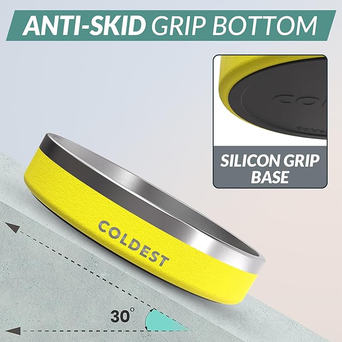 Coldest Dog Bowl - Anti Rust Metal, Non Slip, 3 Layers Insulated Stainless Steel Dog Bowls - Spill Proof & Heavy Duty - Water Bowl for Dogs, Cats & Pets, Dish Washer Safe (21 oz, Solar Yellow)-PawvioPets