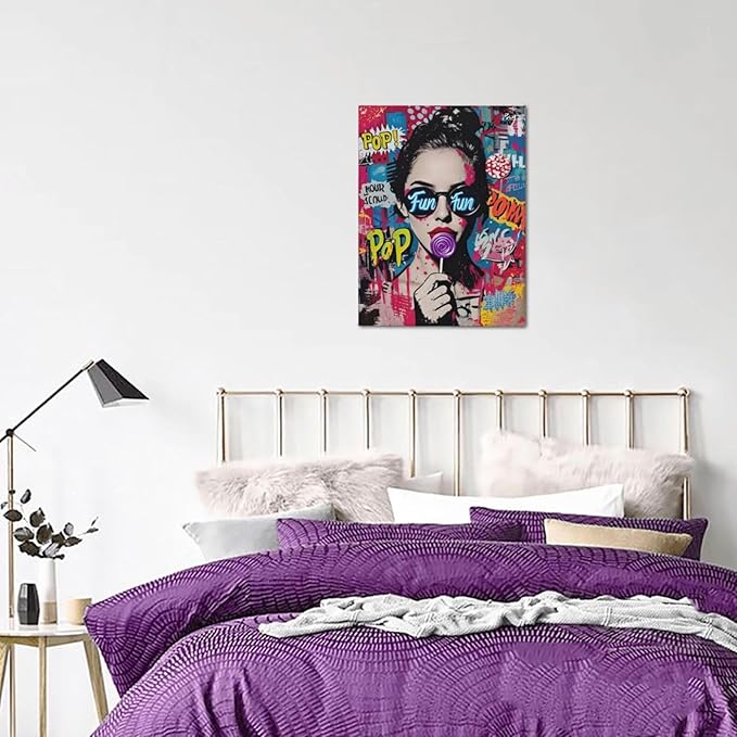 Fashion Women Wall Art Glam Modern Artwork for Girls Banksy Street Graffiti Pop Art Canvas Pictures Painting Print Framed Decorations Gifts for Bedroom Living Room Office 12"x16"-PawvioPets