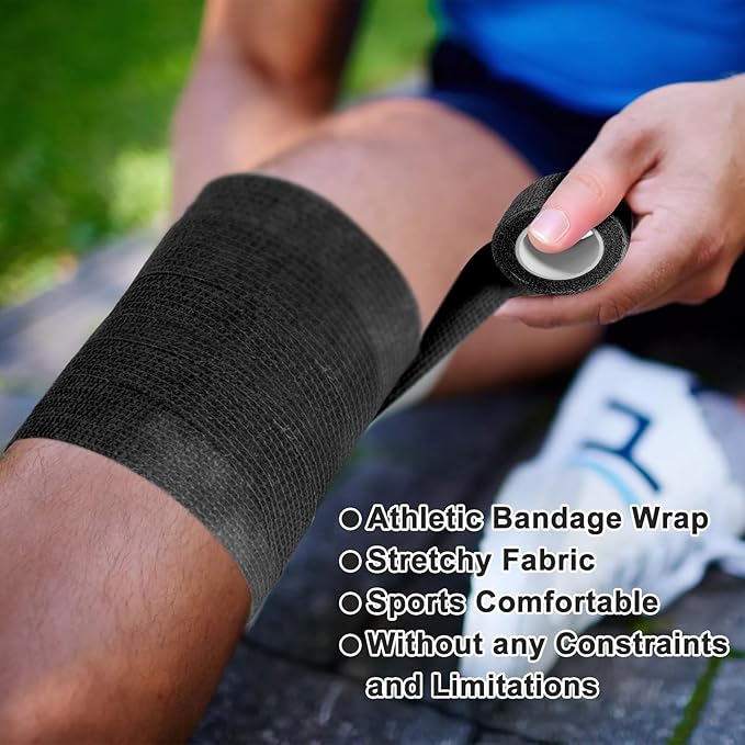 24 Pack Self Adhesive Bandage Wrap, 2” x 5 Yards Elastic Cohesive Bandage Wrap Black Athletic Tape Grip Tape for Ankle, Wrist Sprains, Sports Injuries & Pet First Aid | Medical Sports Tape-PawvioPets