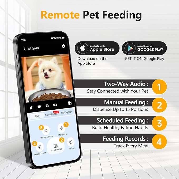 Automatic Cat Feeder with 1080P Camera, Two-Way Audio, APP Timed Auto Control Meals, 6L Dry Food Dispenser, 2.4G / 5G WiFi-PawvioPets