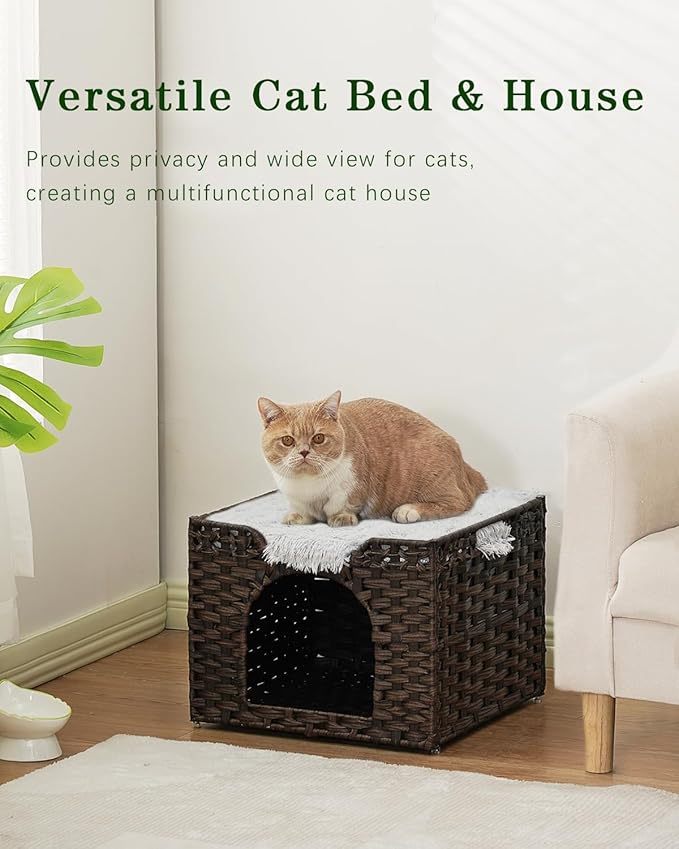 Cat Beds Indoor Kitten House, Handwoven Rattan Cat Cave Pet Cube, Large Cat Houses, One Bed Mat, Foldable, Hideaway, 16.5x16.5x13.2 Inches, 2 S-Shaped Hooks in Living Room Bedroom Brown-PawvioPets