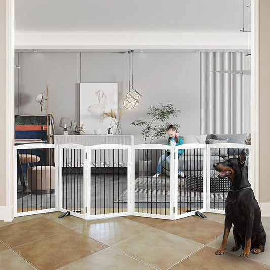 Freestanding Panel Dog Gate for Indoor, Doorways,Stairs, or Hallways,Foldable Wooden Dog Gates for House,Pet Gate for Dogs,Dog Fence, Puppy Gate,Support Feet Included,32 "Height-6 Panels,White-PawvioPets