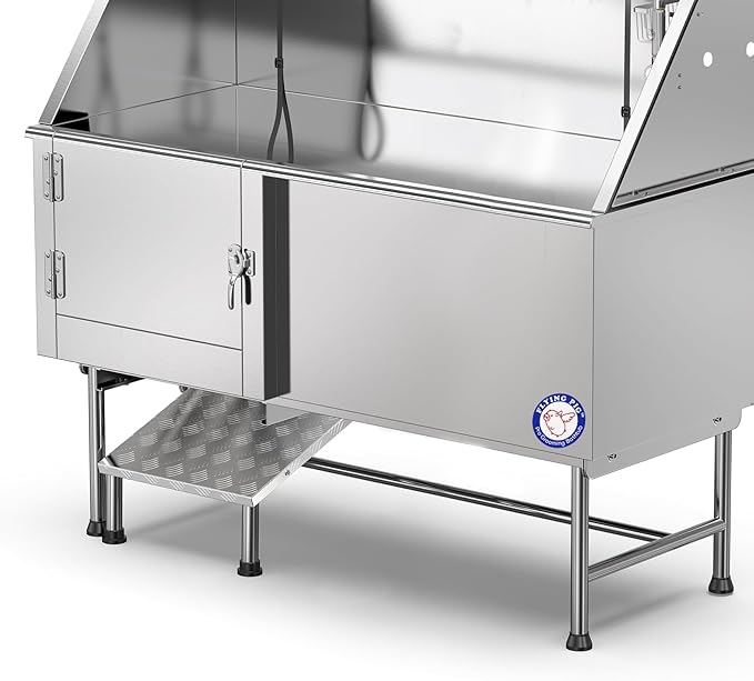 Flying Pig 62" Stainless Steel Pet Dog Grooming Bath Tub with Walk-in Ramp & Accessories (Left Door/Right Drain)-PawvioPets