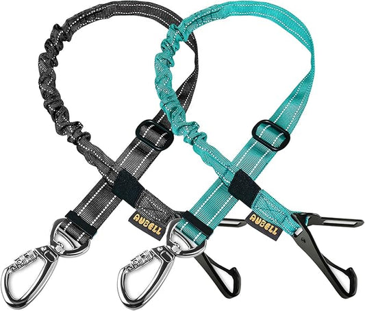 AUBELL Dog Seat Belt for Car,2 Pack Set 3-in-1 Adjustable Reflective Bungee Heavy Duty Dog Car Harness Tether with Clip Hook Latch & Buckle,Swivel Zinc Alloy Carabiner,Black+Teal-PawvioPets
