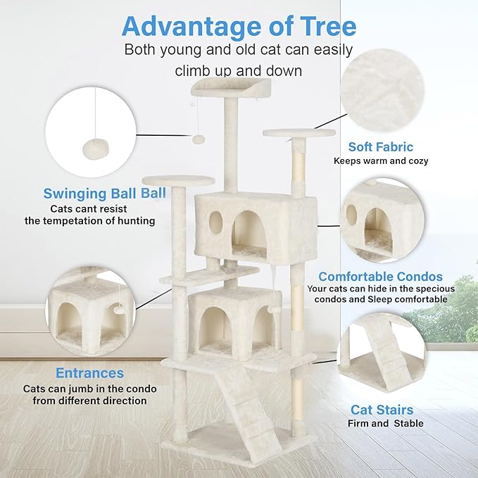 FDW Cat Tree Tower 62in Multi-Level Durable Cat Scratching Post & Cozy Fun Jumping Platform Space Saving Condo Pet Play House for Indoor Cats, Beige-PawvioPets