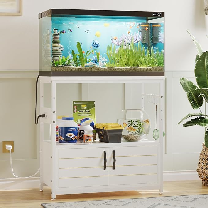 Bestier 20-29 Gallon Fish Tank Stand with Power Outlets, Metal Long Aquarium Stand with Storage Cabinet, 31x15 Reptile Terrarium Stand with Horizontal Gold Line, Stainless Hooks, 350 Lbs(White)-PawvioPets