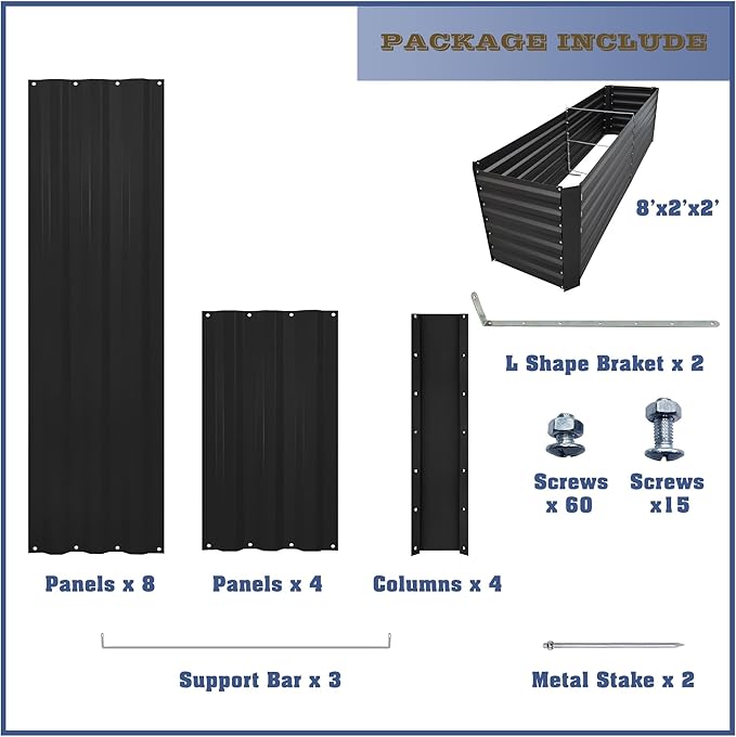 8x2x2FT Metal Raised Garden Bed Kit, Galvanized Outdoor Garden Bed Planter Box for Vegetables, Flowers, Herbs, Succulents and More, Black-PawvioPets