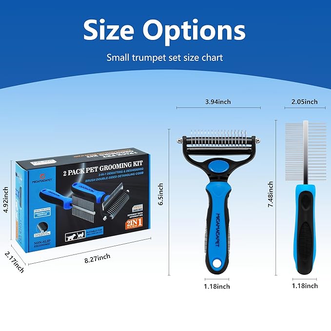 2-in-1 Shedding Brush and Detangling Comb Combo,Small Dog Stripping Brush, Dog and Cat Grooming Comb, 17 Stainless Steel Teeth Remove Tangled Hair, Pet Grooming Tools-Small-PawvioPets