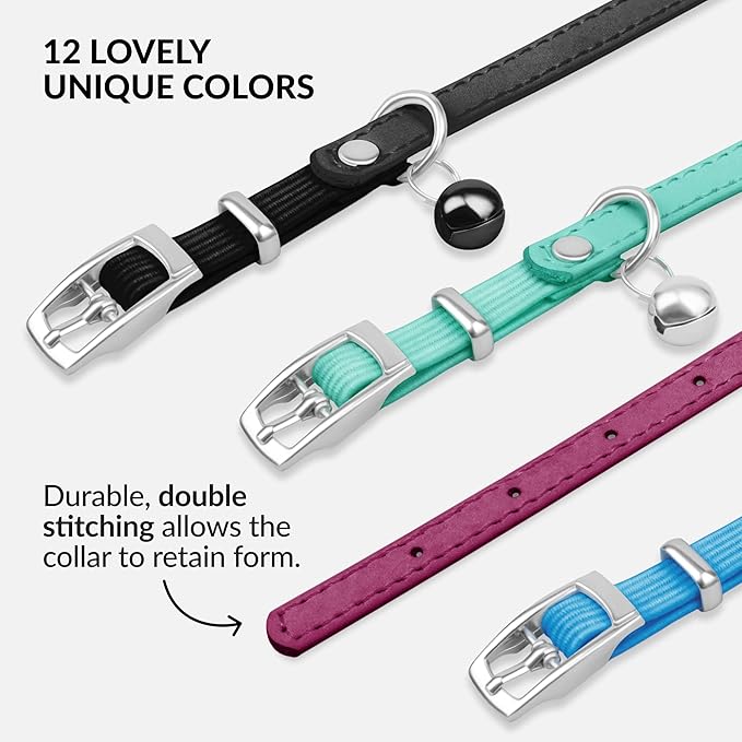 CollarDirect Leather Cat Collar with Bell - Kitten Collar, Small and Big Cat Strap for Boy Cats, Girl Cats with Safety Elastic Strap (Neck Fit 6"-7", Pink)-PawvioPets