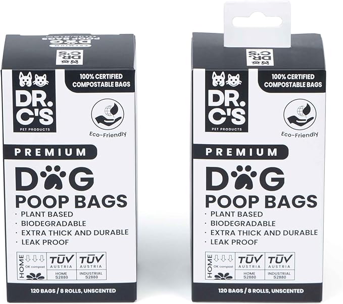 100% Certified Compostable Dog Poop Bags - Dr. C's Premium Dog Poop Bags - 120 Bags / 8 Rolls, Extra thick, Leak Proof, Unscented, Plant Based and Earth Friendly-PawvioPets