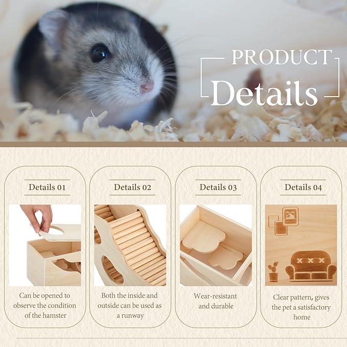 2 Pcs Hamster Houses and Hideouts Hamster Tunnel Set Wood House for Hamster with Climbing Ladder Exploring Tunnel Multi Chamber Maze for Small Animals Pets Gerbils Hedgehogs Rats Mice-PawvioPets