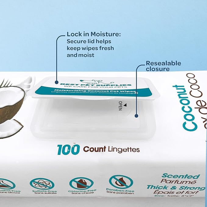Best Pet Supplies Pet Wipes for Dogs - Dog Wipes Cleaning Deodorizing, for Coats, Ears, Paws - Moisturizing, Coconut, 100 Count-PawvioPets